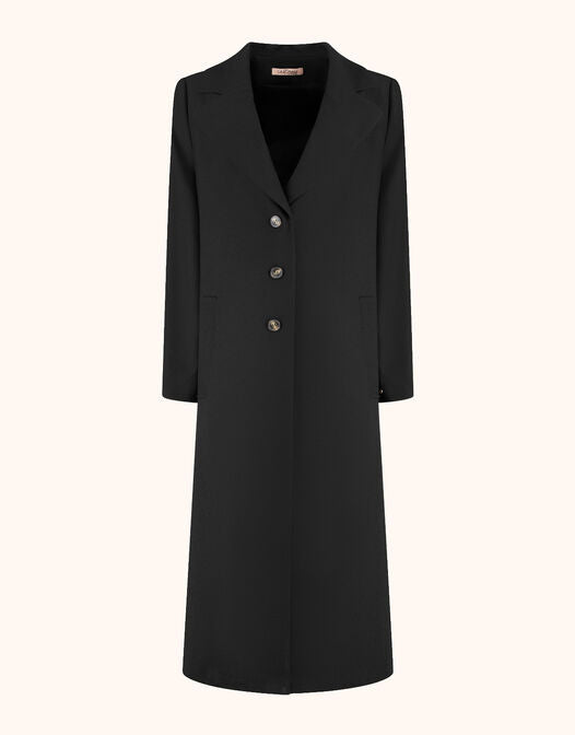 Packshot of the Vivianne Black coat in crepe satin with lapels and three buttons.