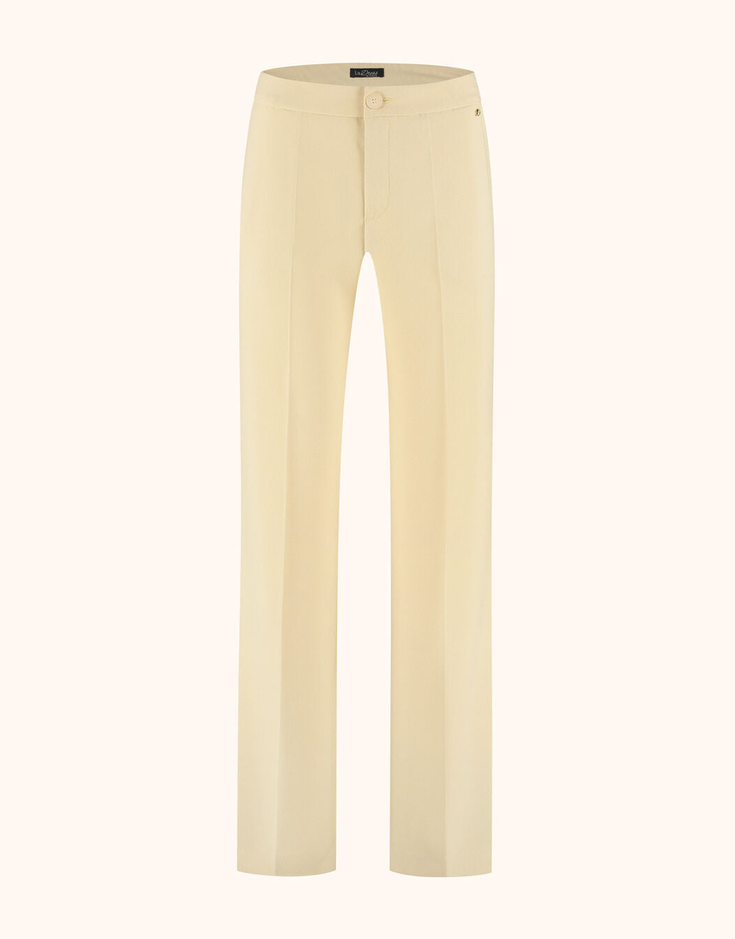 Packshot of the Geneva Buttery yellow trousers in crepe satin with a straight wide leg.