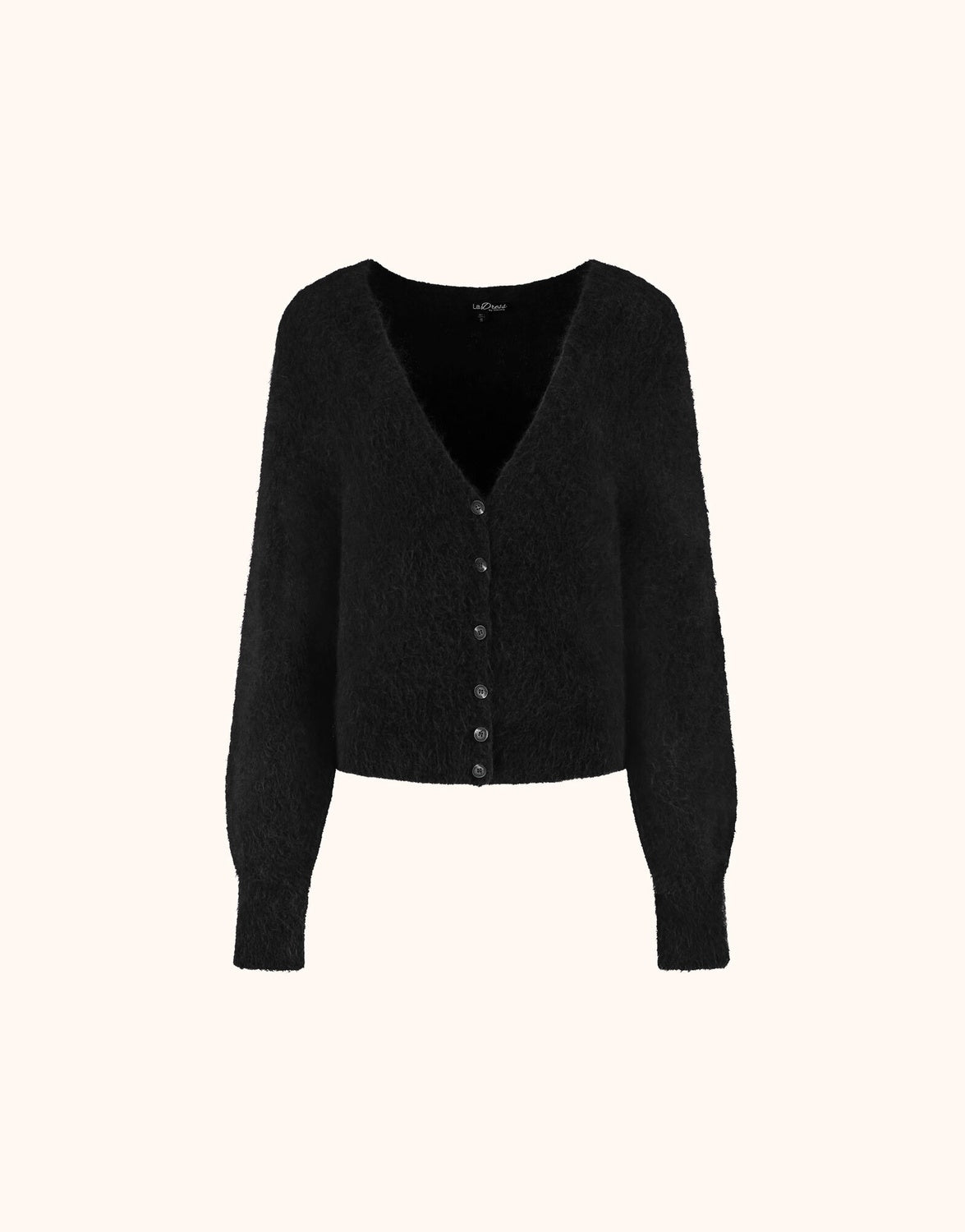 Packshot of the Leonora Black cardigan in alpaca blend with a V-neck and puff sleeves.