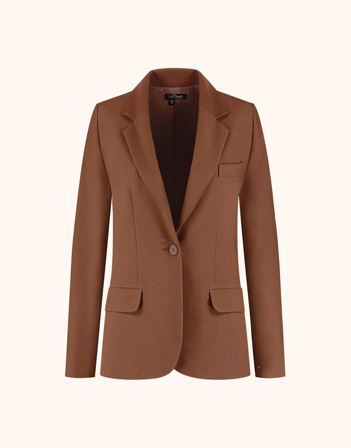 Packshot of the Nadia Cacao Brown blazer in crepe satin with notch lapels and one button.