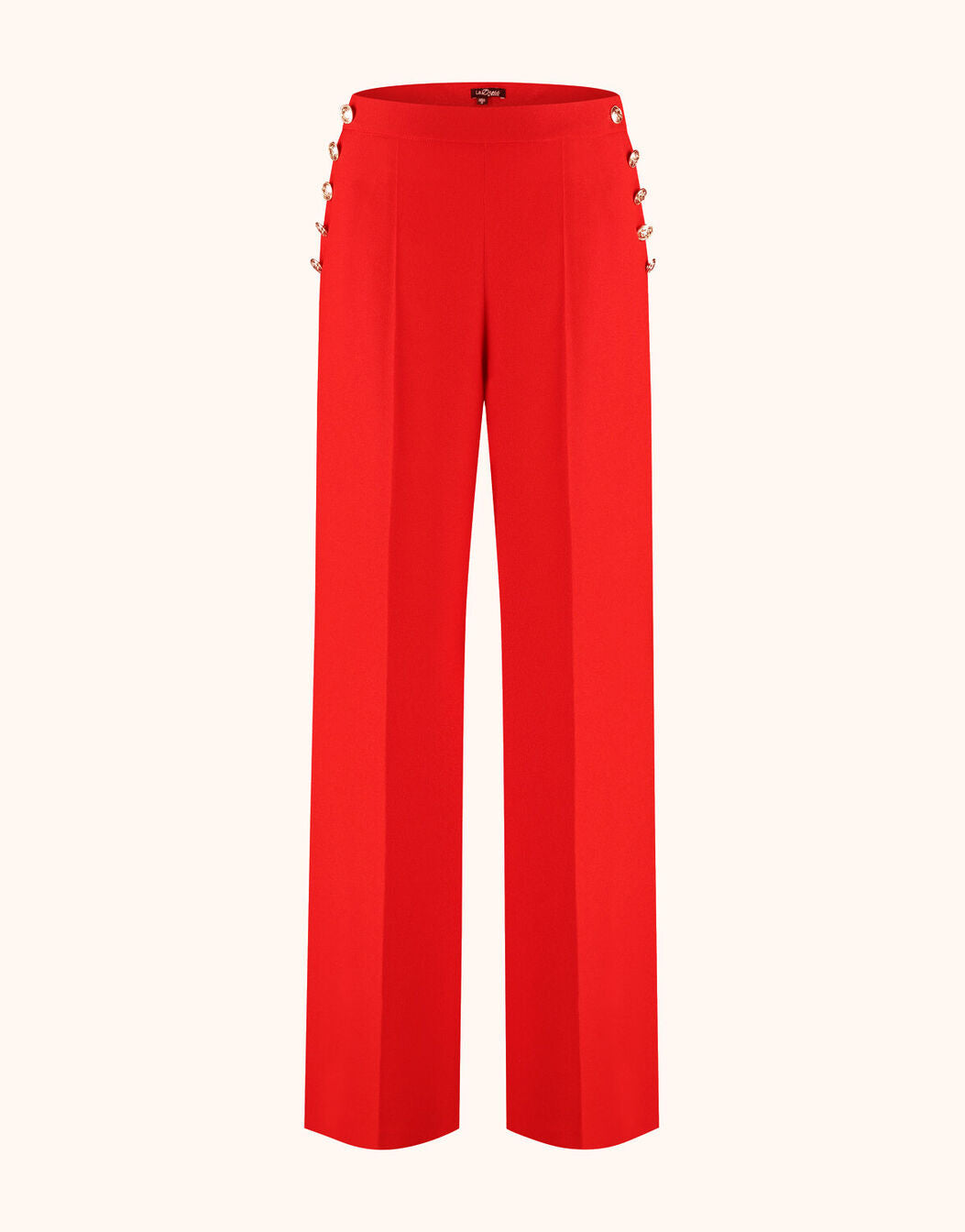 Packshot of the Monaco Red trousers in crepe satin with buttons at the waist.