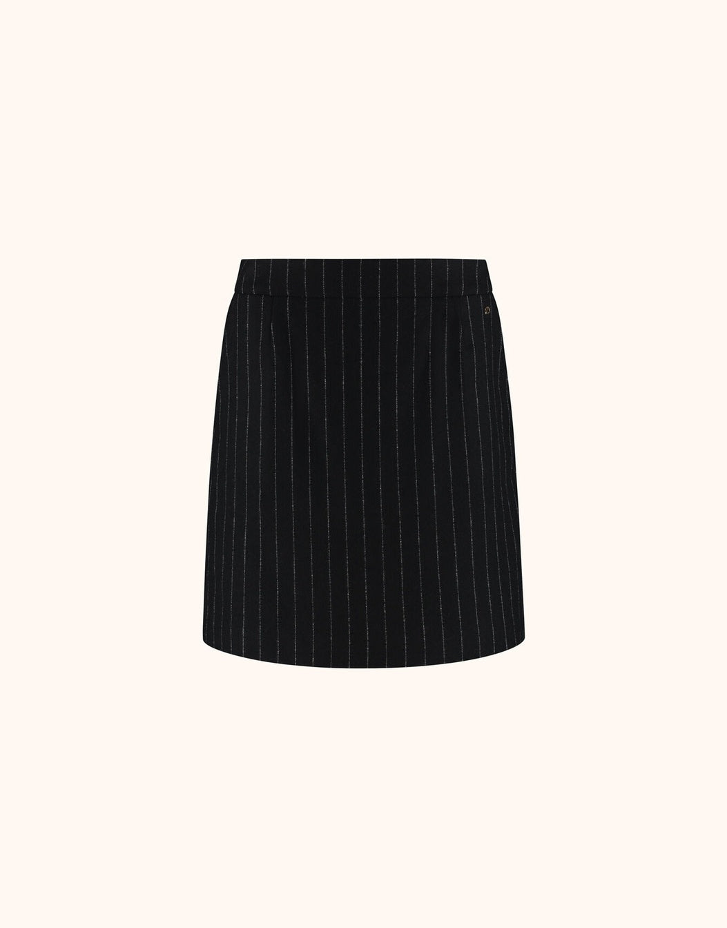 Packshot of the Dita Black Stripe skirt in wool blend, a short A-line style with pinstripes.
