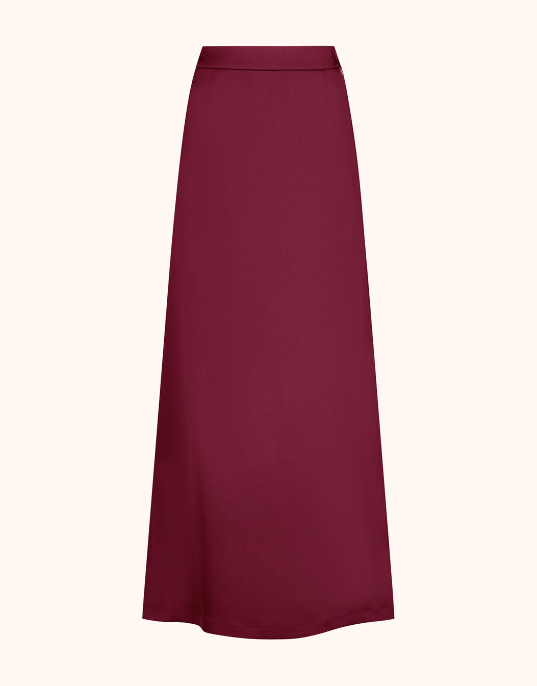 Packshot of the Christy Ruby Red Satin skirt in crepe satin, a floor-length A-line style.