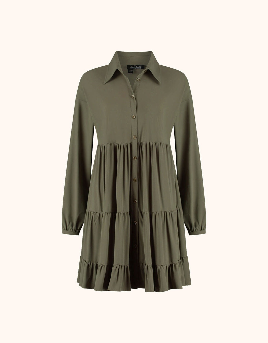 Packshot of the Aria Olive tiered shirt dress with a collar and a button front.