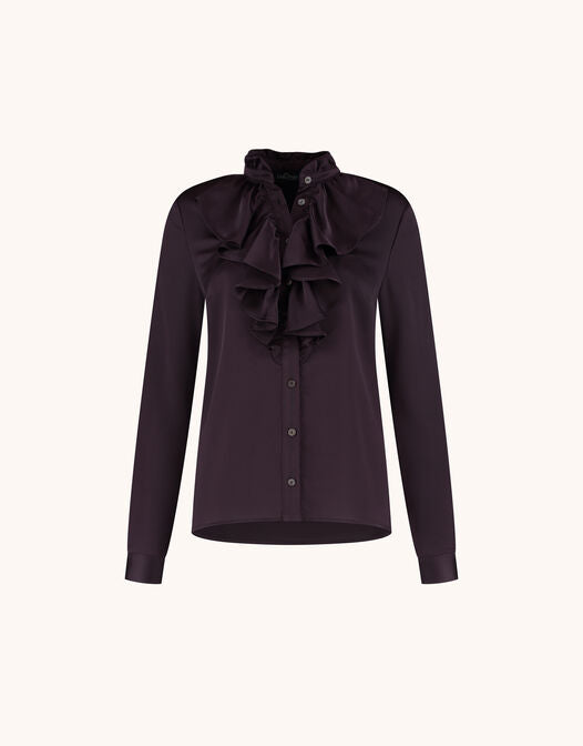 Packshot of the Eloise Deep Aubergine blouse in satin with a ruffled jabot and stand collar.