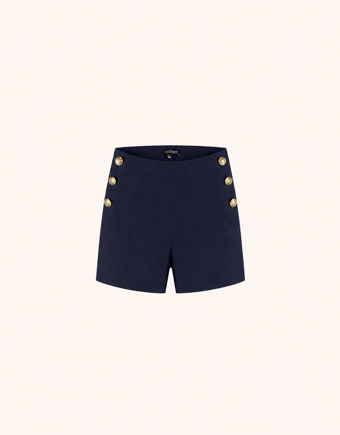 Packshot of the St Tropez Midnight Blue shorts in crepe satin with gold buttons.