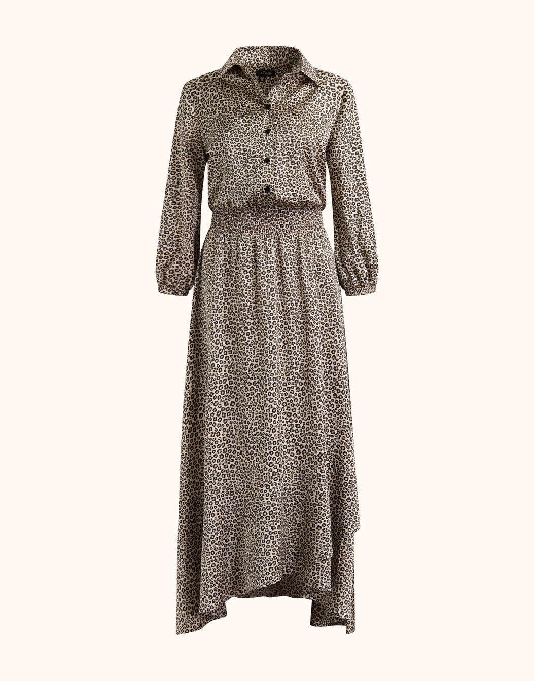 Packshot of the Lois Soft Leopard dress in satin stretch with a collar and elasticated waist.
