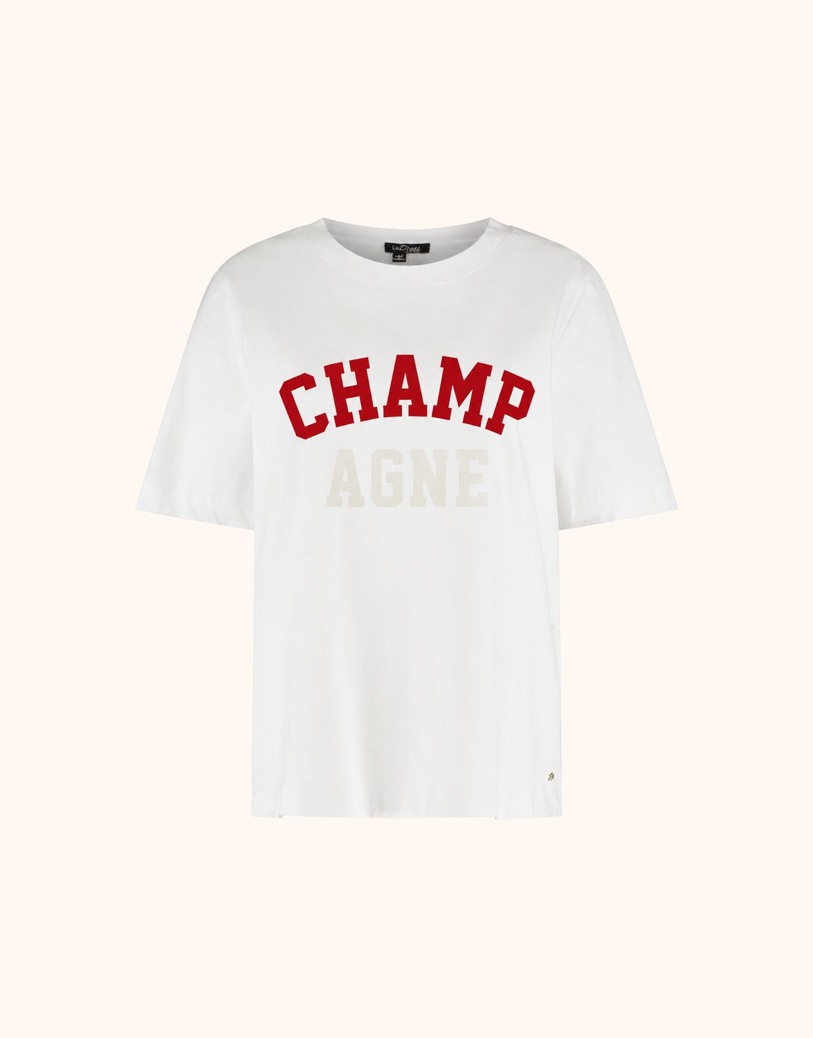 Packshot of the Story Tee Off White Champ in stretch cotton with a CHAMPAGNE print.