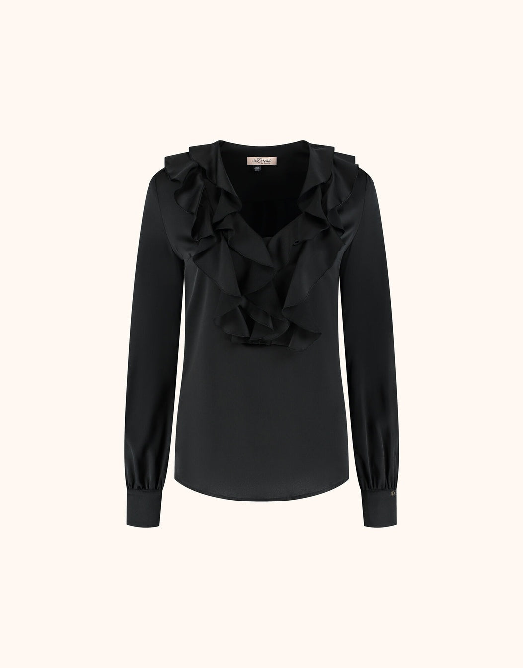 Packshot of the Clemence Black top in satin with a ruffled V-neck and blouson sleeves.