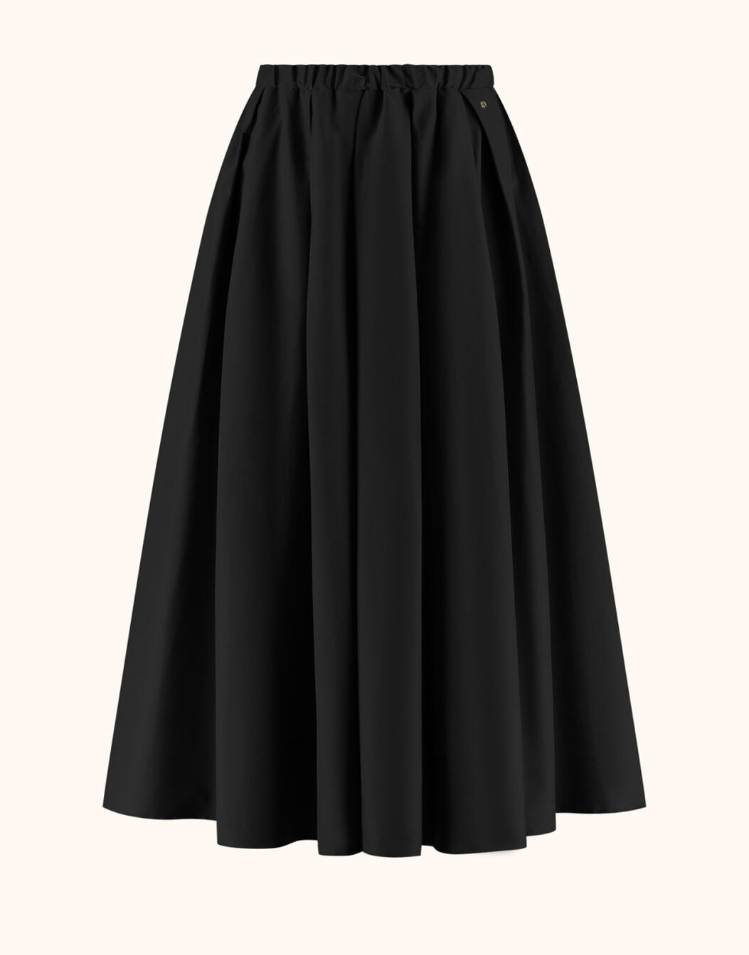 Packshot of the Thea Black skirt in cotton stretch poplin, a long gathered style.