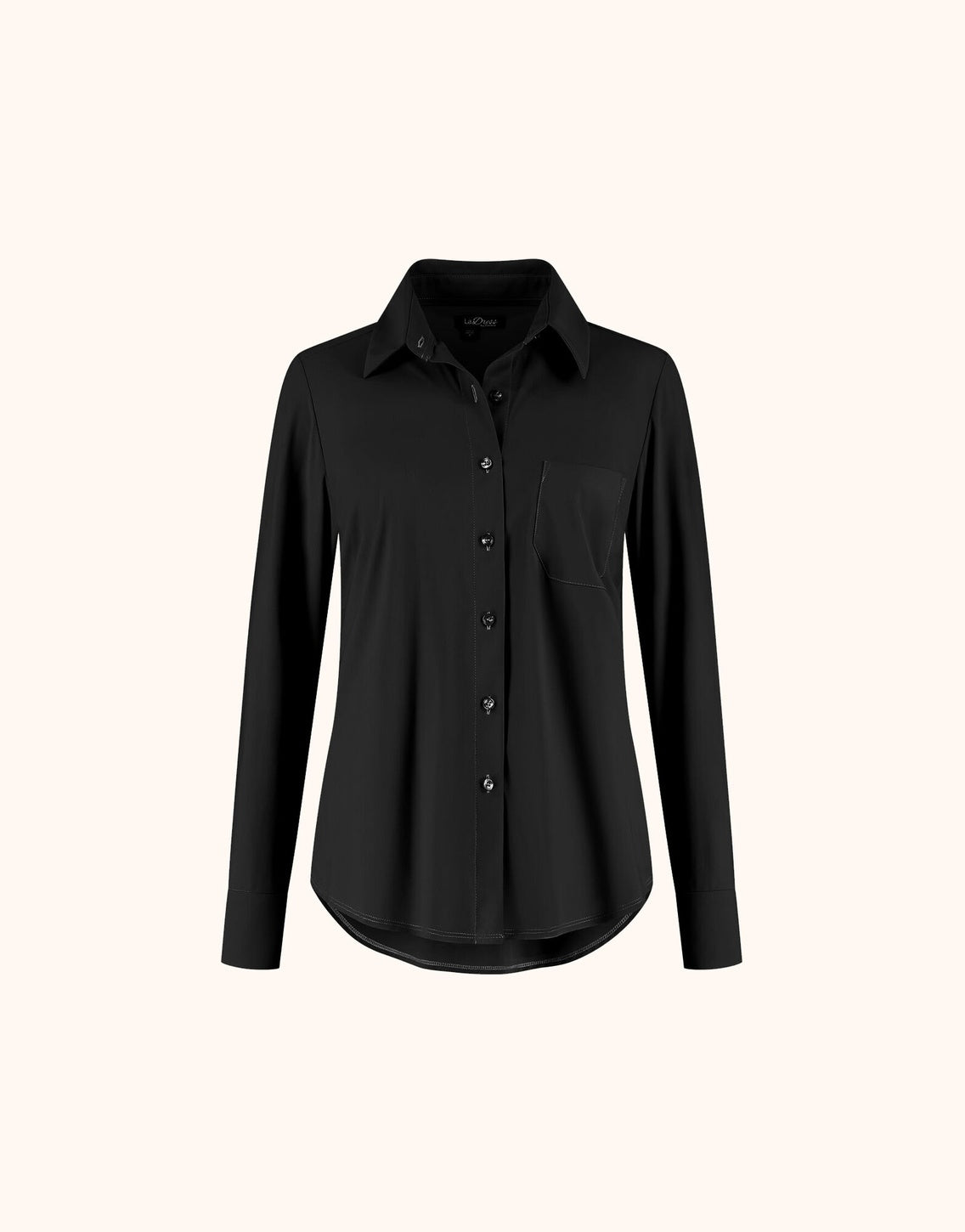 Packshot of the Annie Black shirt in jersey lycra with a collar and a chest pocket.