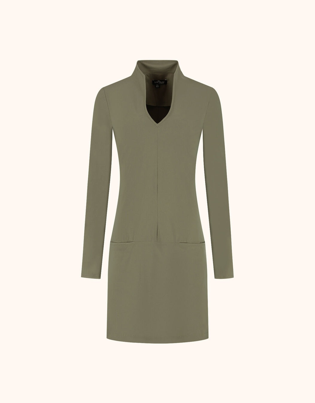 Packshot of the Stella Olive tunic in jersey lycra with a stand collar and patch pockets.