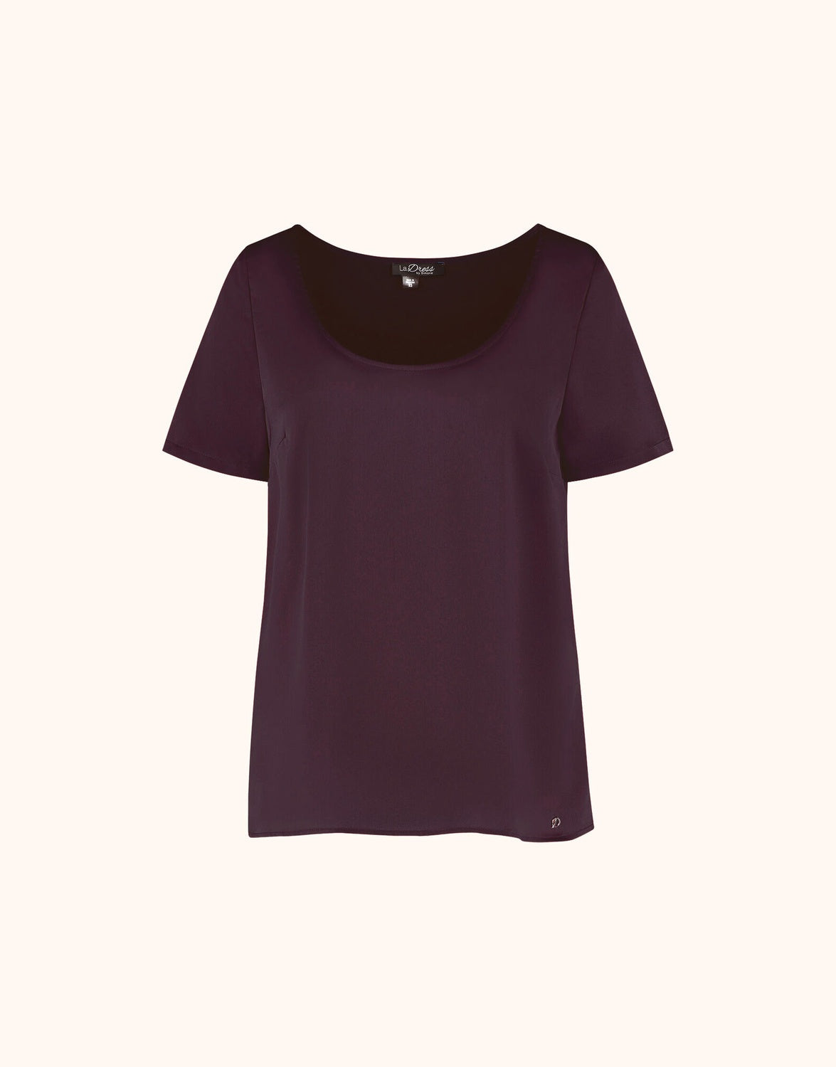 Packshot of the Doreen Deep Aubergine top in satin with a scoop neck and short sleeves.