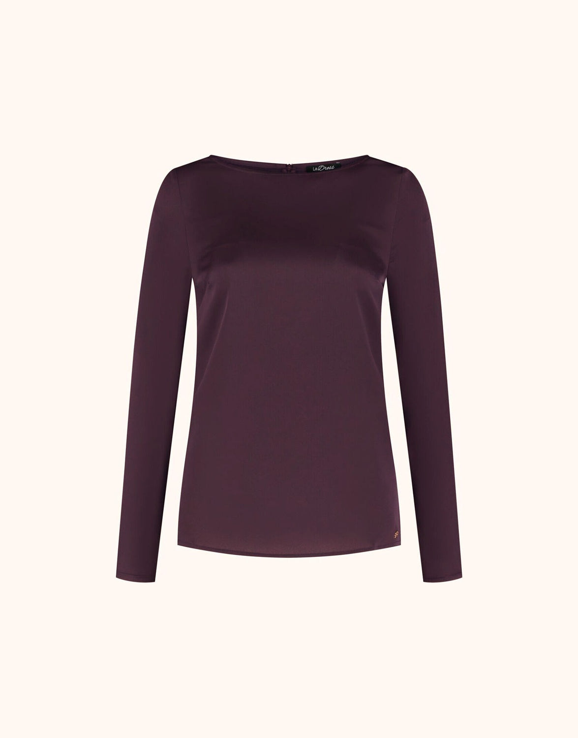 Packshot of the Dorian Deep Aubergine top in satin with a boat neck and long sleeves.