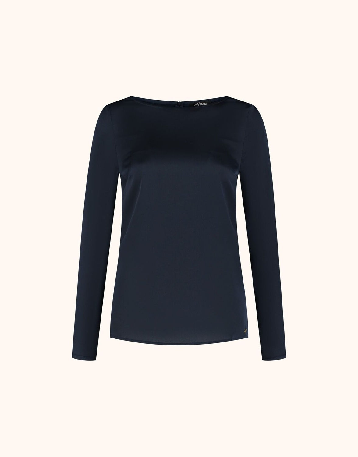 Packshot of the Dorian Midnight Blue top in satin with a boat neck and long sleeves.