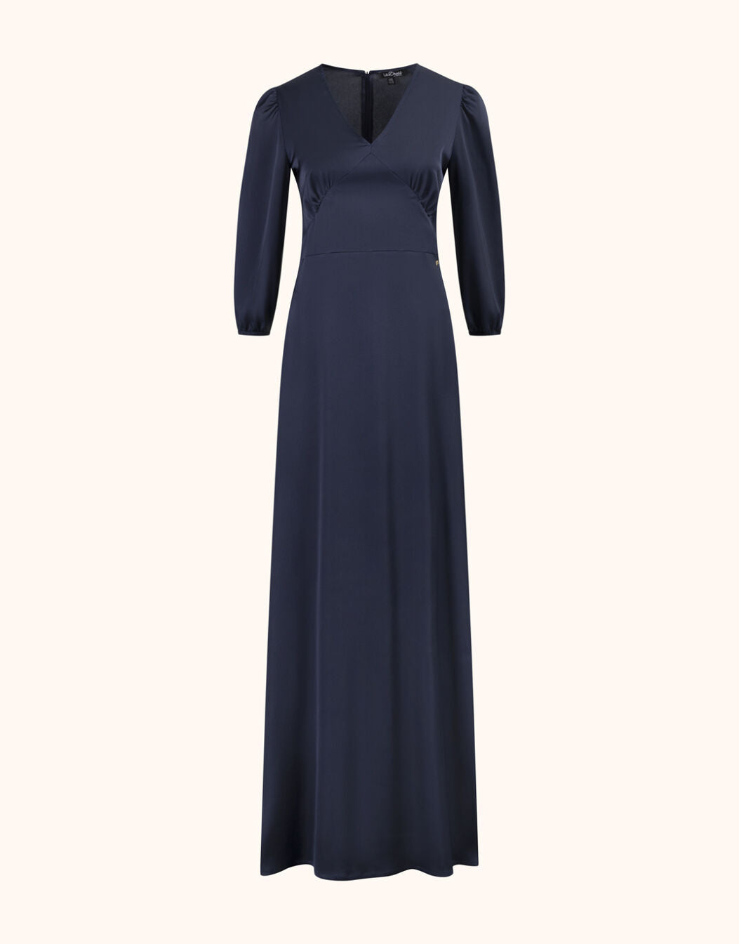 Packshot of the Alyssa Midnight Blue satin maxi dress with a V neck and puff sleeves.