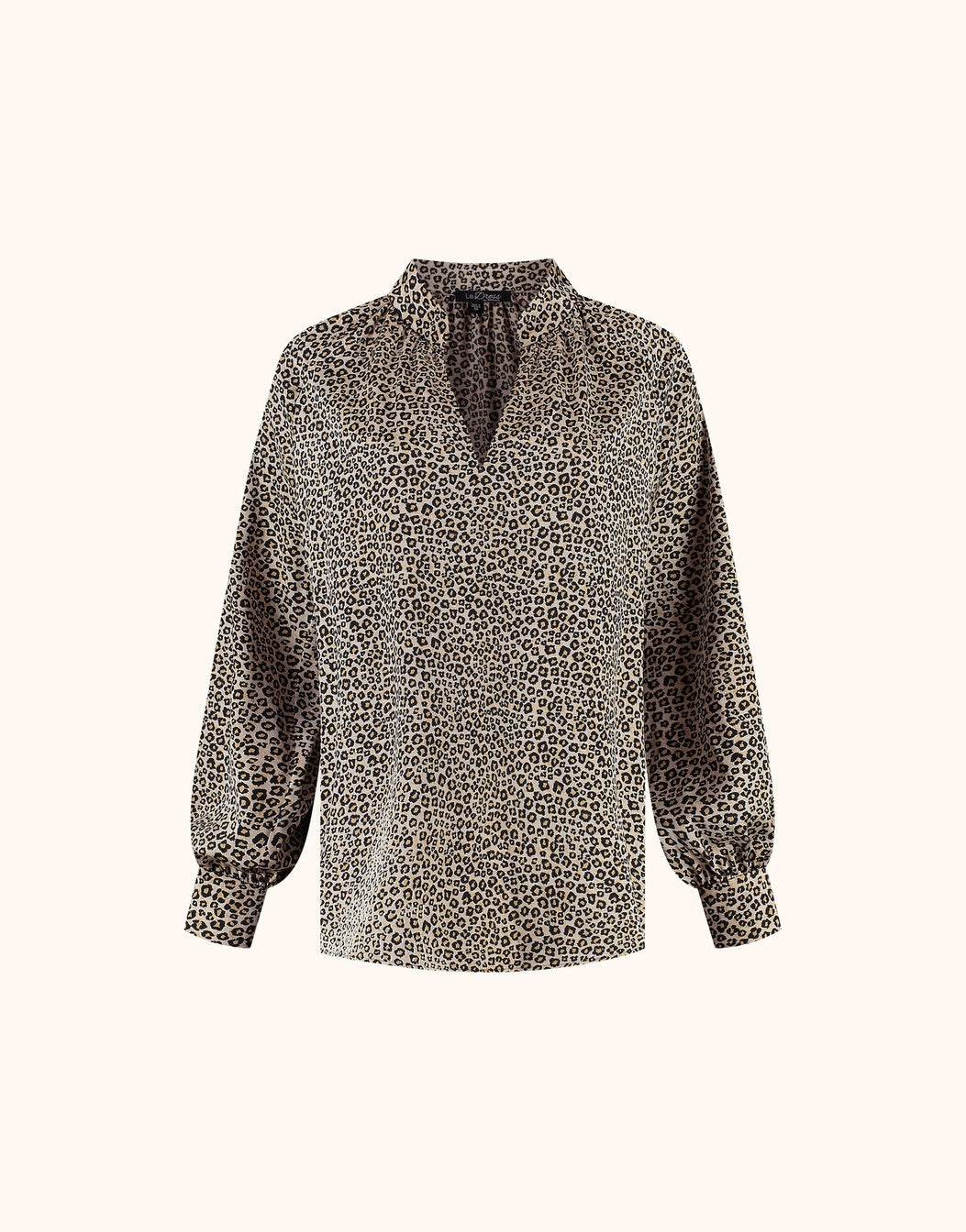 Packshot of the Cheryl Soft Leopard blouse in satin stretch with a leopard print and full sleeves.