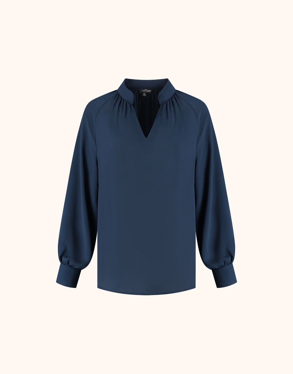 Packshot of the Melody Midnight Blue blouse in crepe georgette with a stand collar.