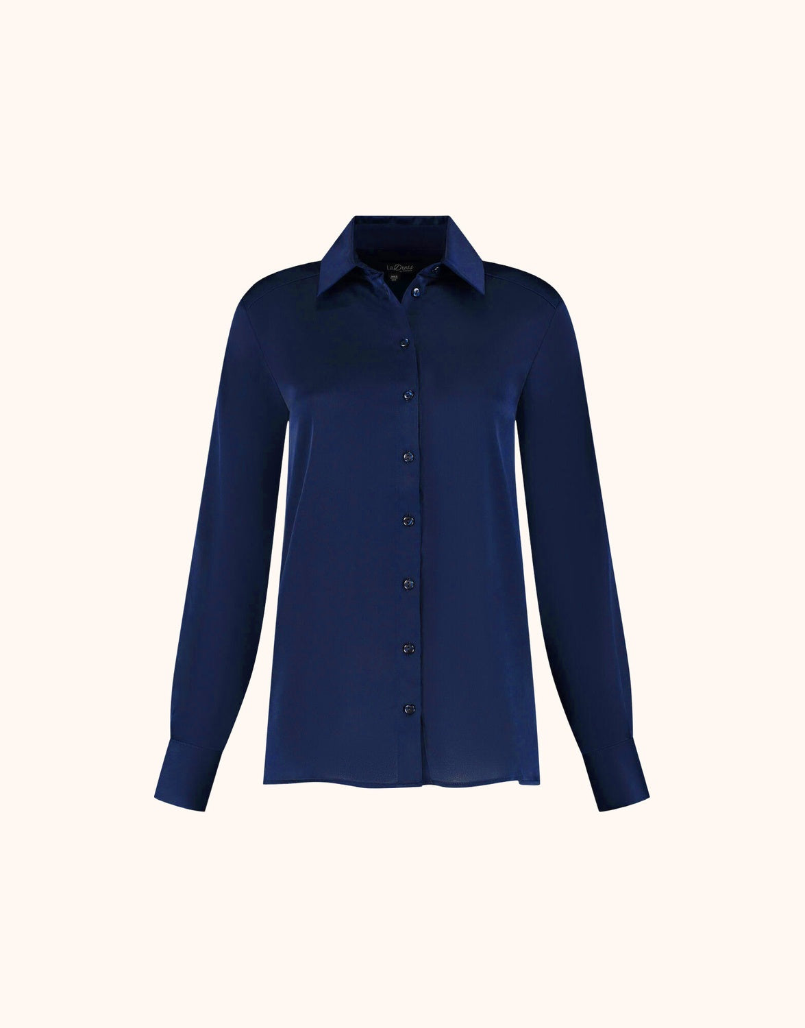 Packshot of the Estee Sapphire Blue blouse in satin with a classic collar and button front.