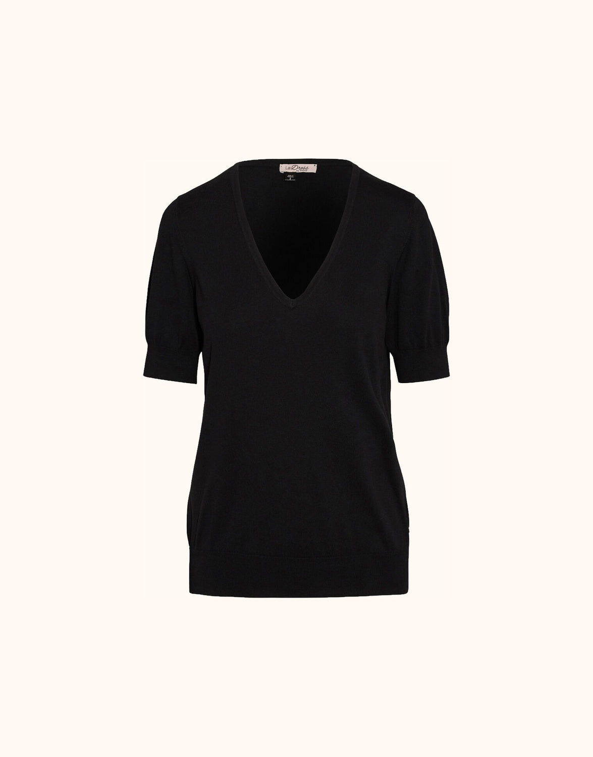 Packshot of the Marie Black jumper in organic cotton knit with a V-neck and short sleeves.
