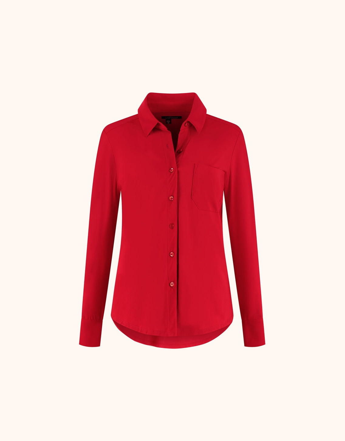 Packshot of the Annie Raspberry Red shirt in jersey lycra with a collar and pocket.