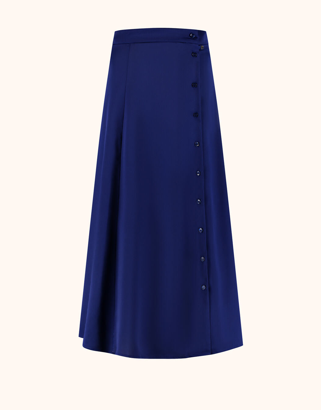 Packshot of the Helene Sapphire Blue skirt in satin with a buttoned side and A-line shape.