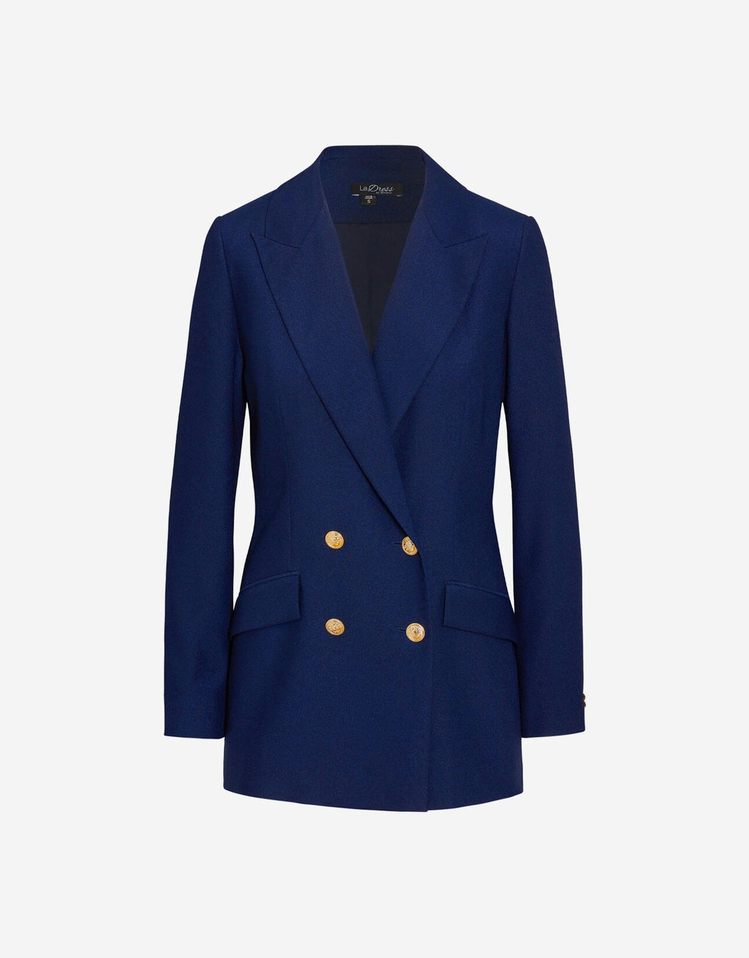 Packshot of the Josephine Midnight Blue blazer in crepe satin, double-breasted with gold buttons.