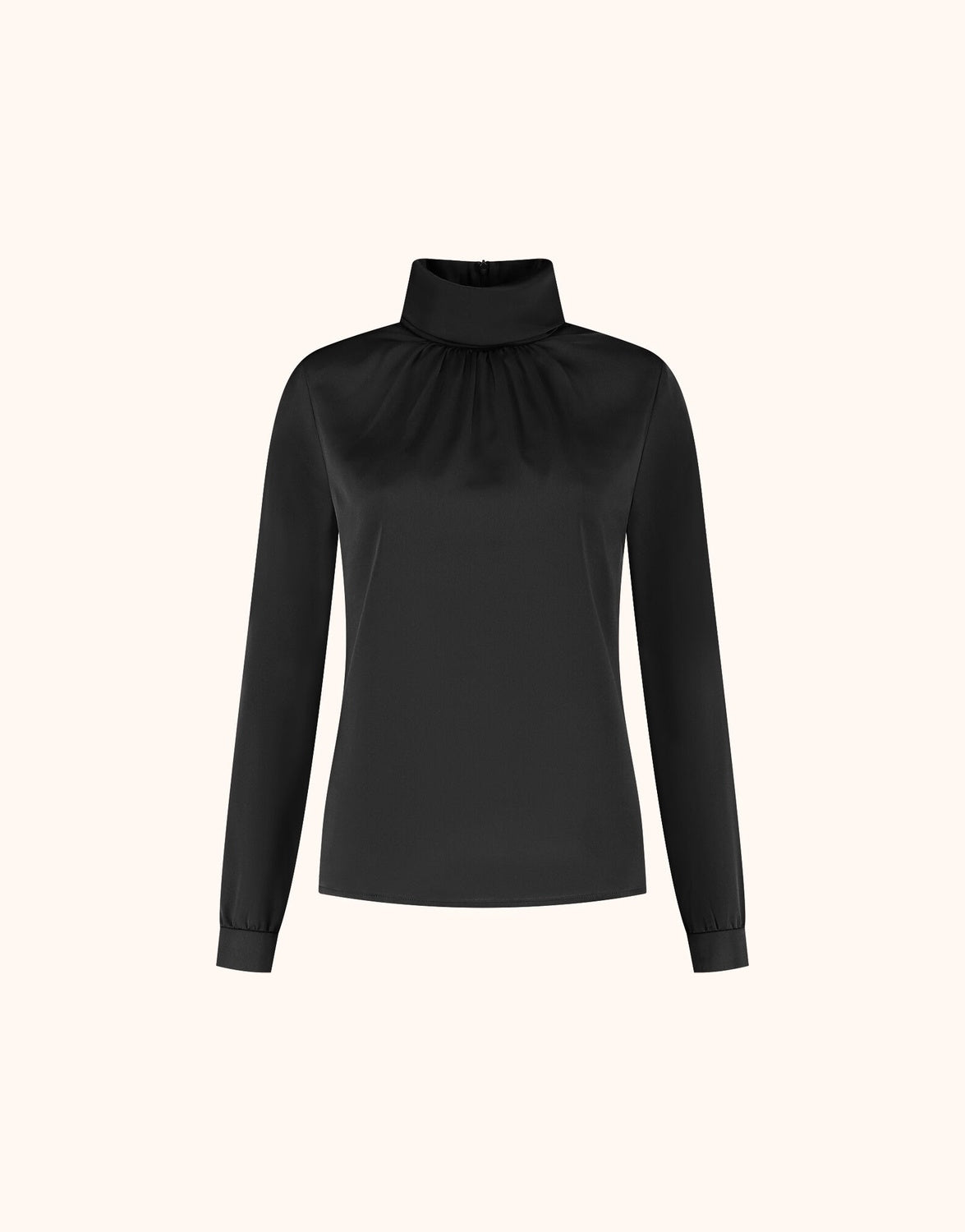 Packshot of the Vittoria Black blouse in satin with a high neck and long sleeves.