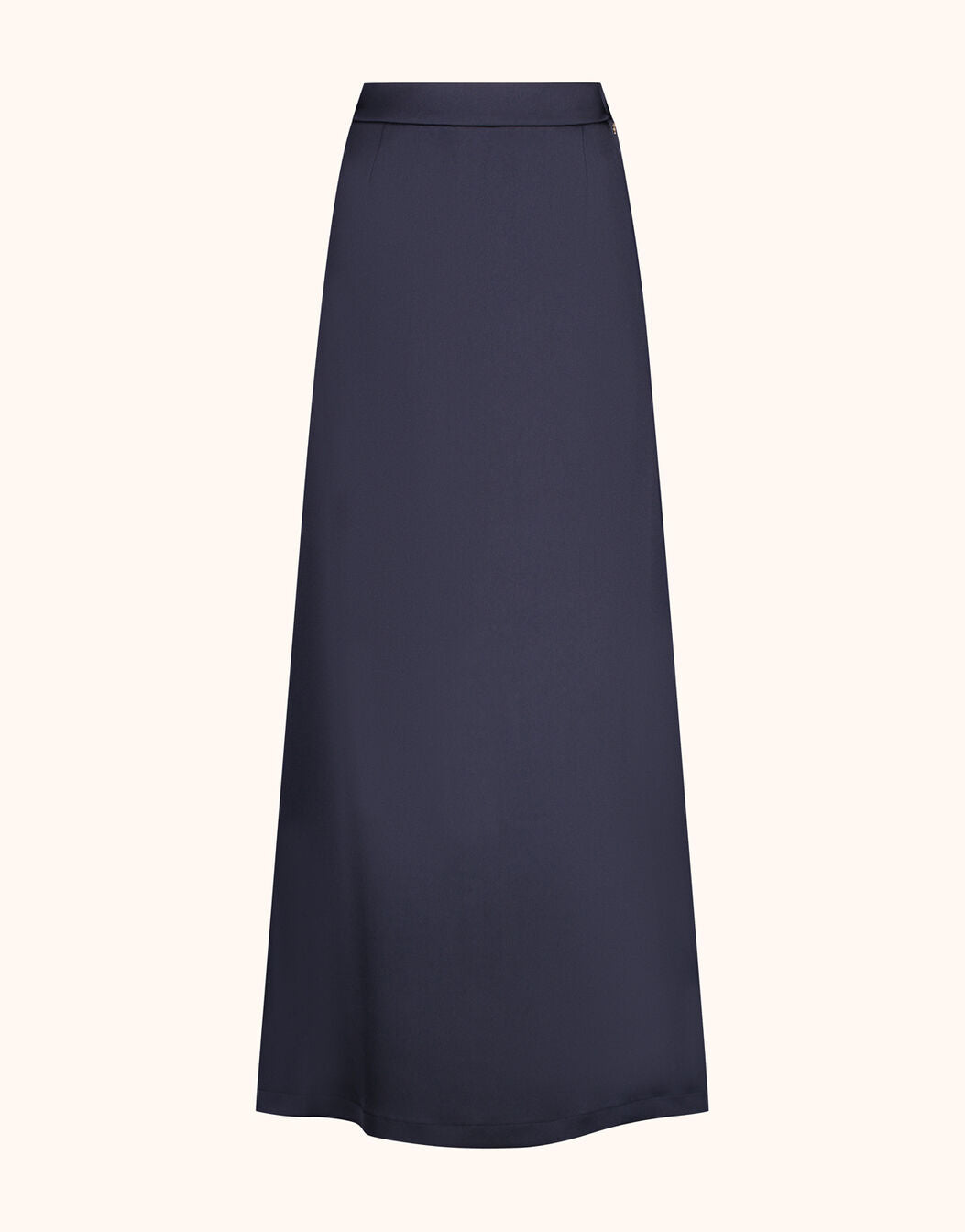Packshot of the Christy Midnight Blue Satin skirt in crepe satin, a floor-length A-line style.