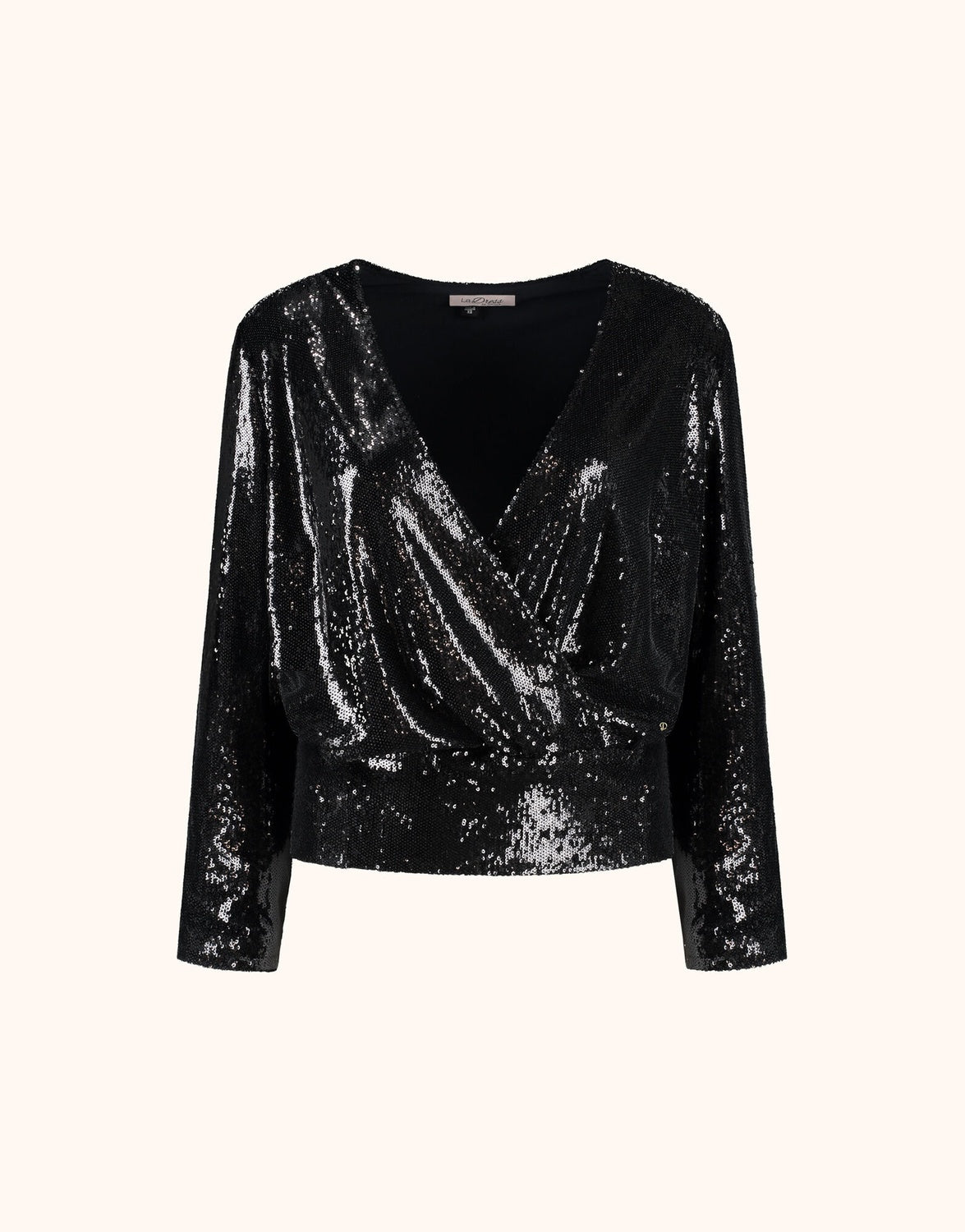 Packshot of the Mara Black top in sequins with a wrap front and V-neck.