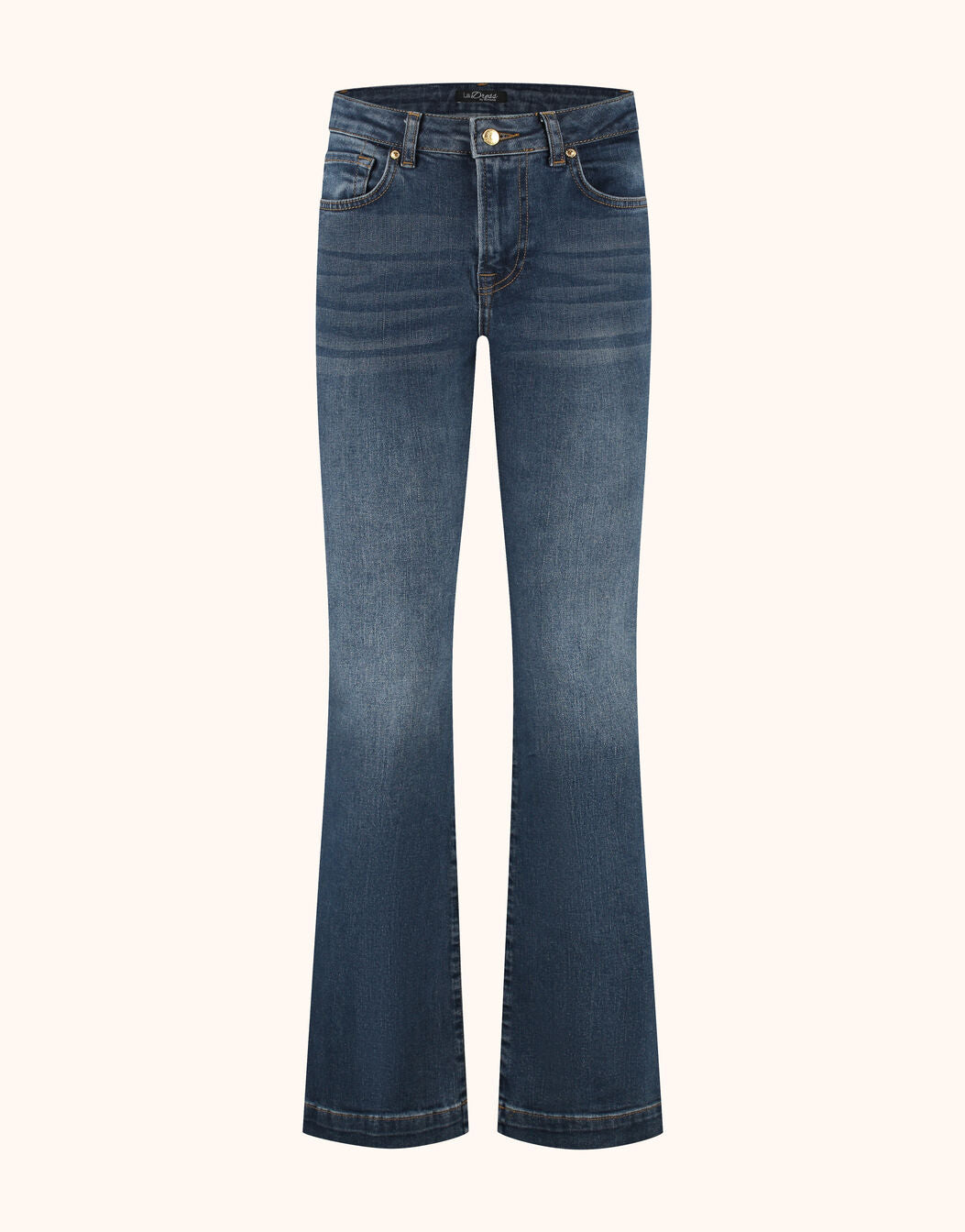 Packshot of the Madelin Dark Indigo jeans in stretch cotton with a flared leg.