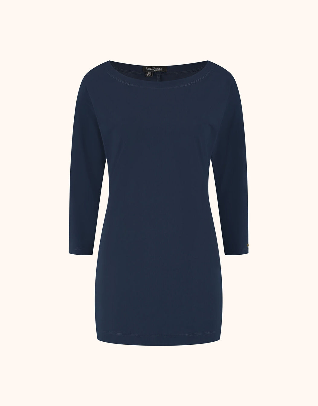 Packshot of the Reese Midnight Blue tunic in jersey lycra with a boat neck.