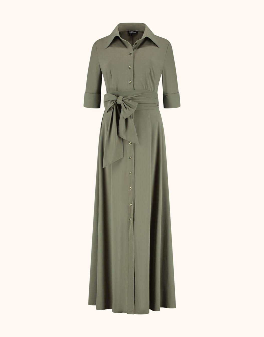 Packshot of the Margot Olive dress in jersey lycra with a button front and tie belt.