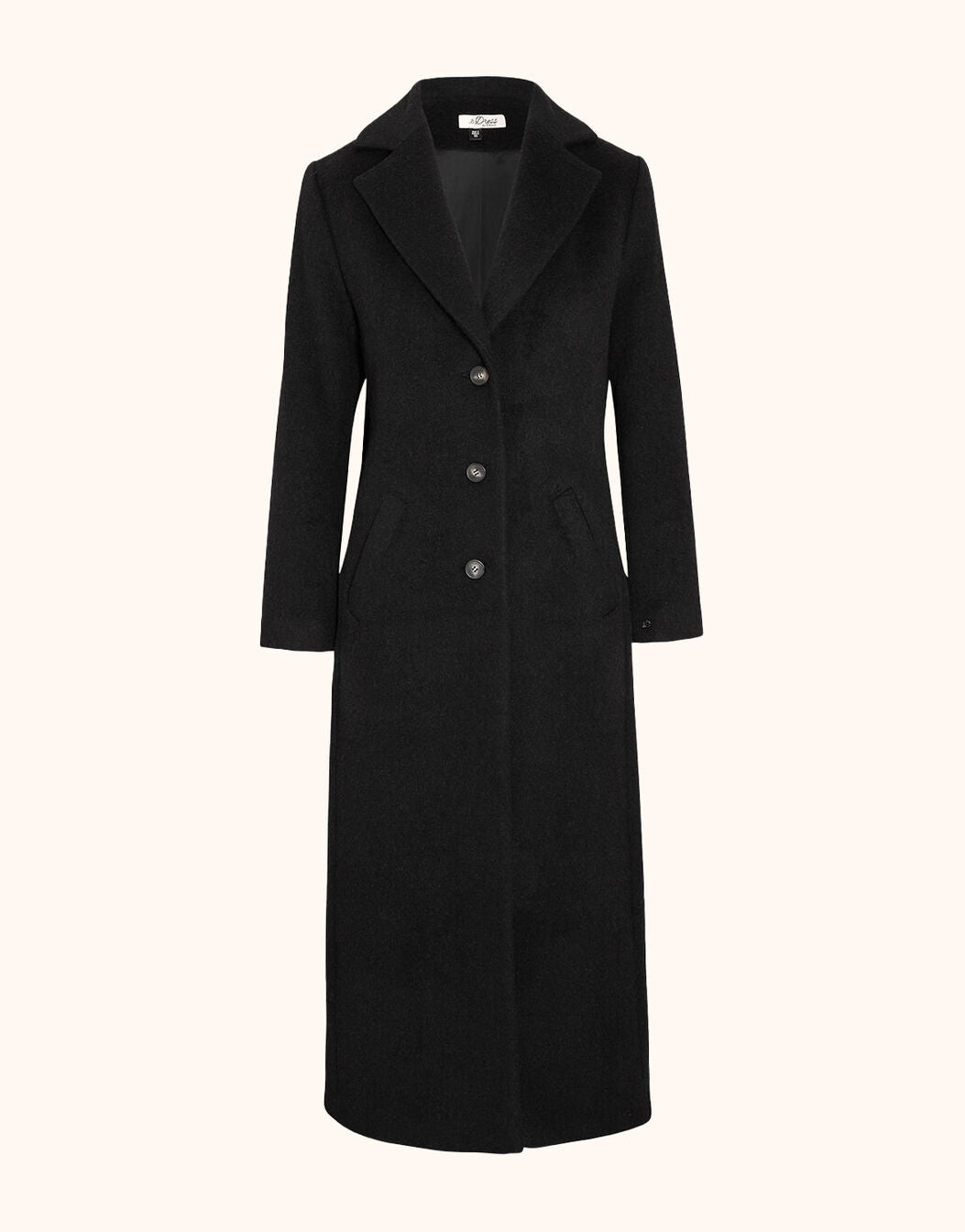 Packshot of the Noelle Black coat in wool blend with a lapel collar and three buttons.