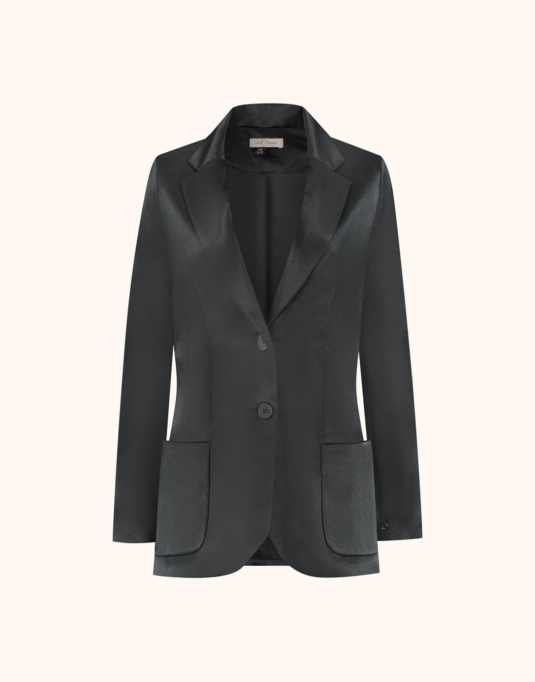 Packshot of the Carey Black Satin blazer in crepe satin with satin lapels and two buttons.