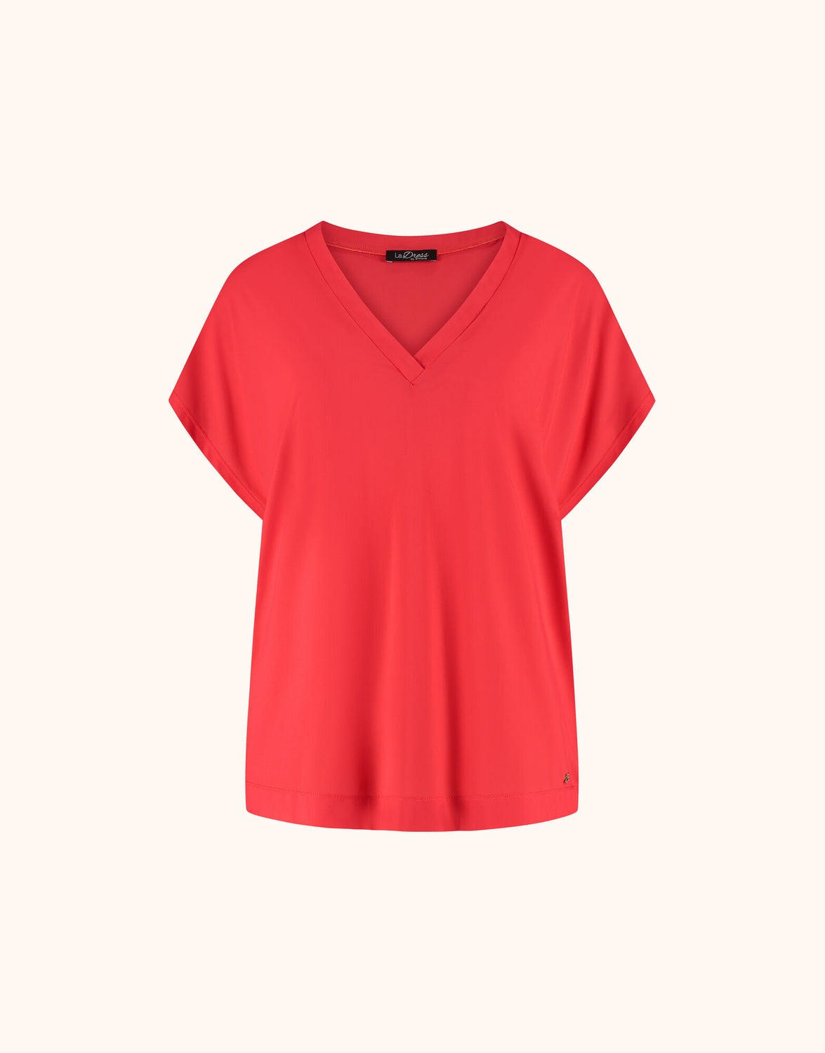 Packshot of the Liz Hibiscus top in jersey lycra with a V-neck and wide cap sleeves.