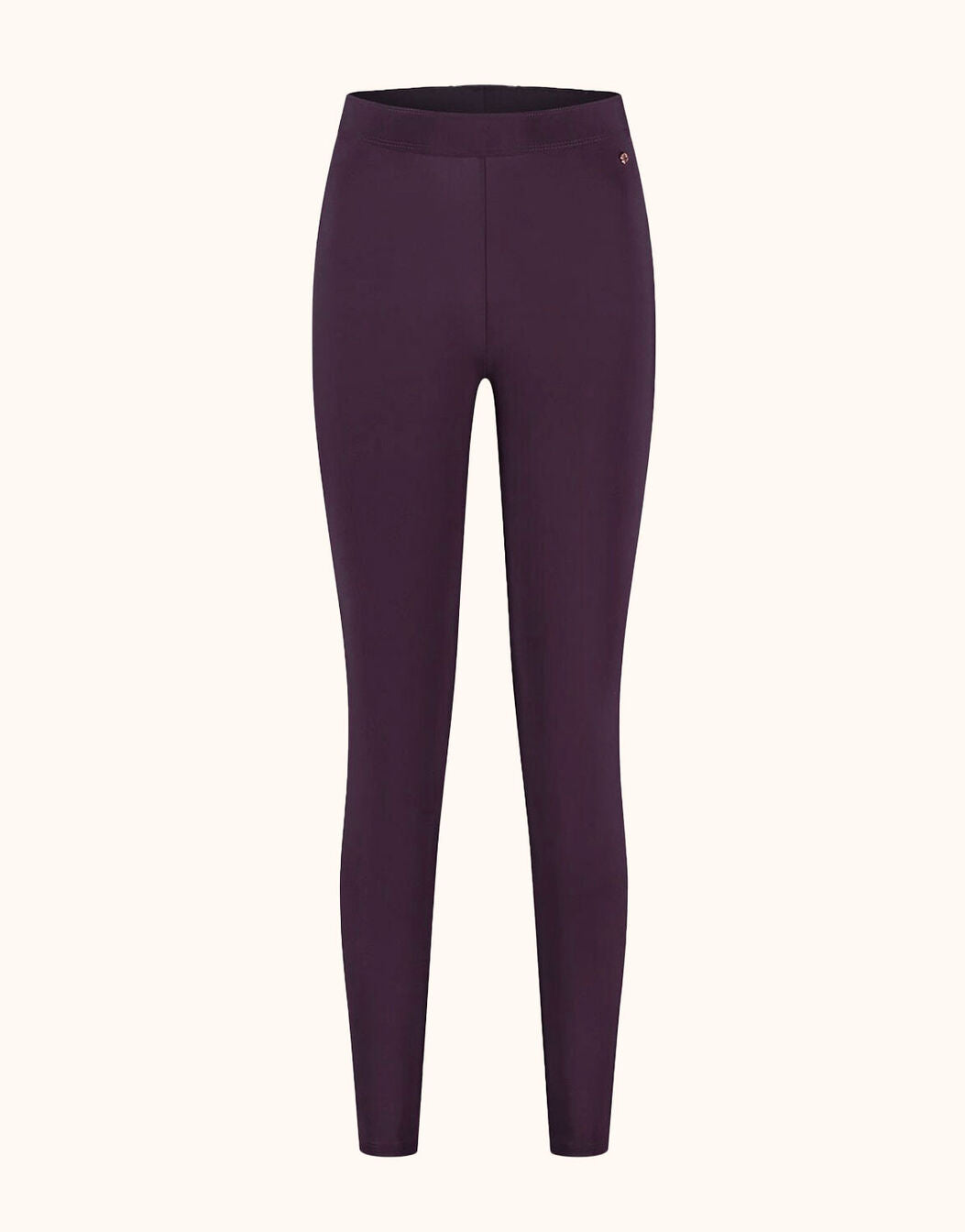 Packshot of the Rio Deep Aubergine leggings in jersey lycra with a high waist.