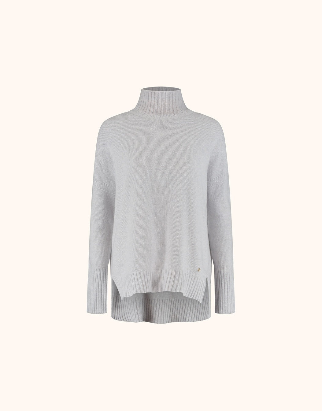 Packshot of the Anna Stone Grey wool sweater with a turtleneck and a longer back hem.