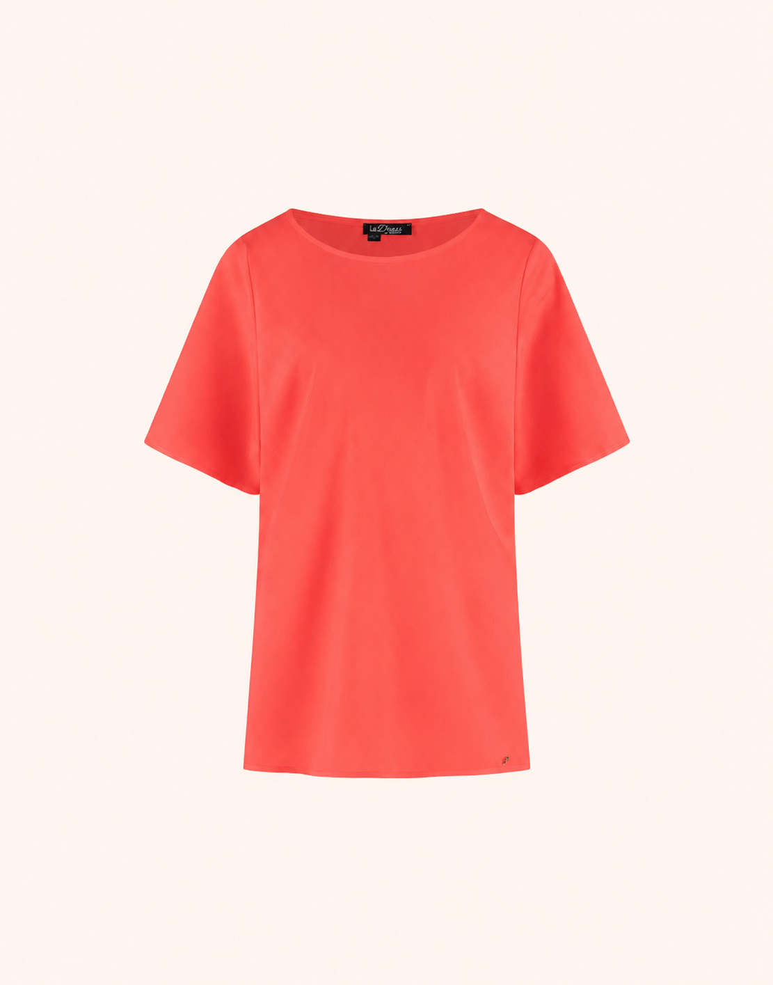 Packshot of the Jamie Coral top in satin with a boat neck and wide short sleeves.