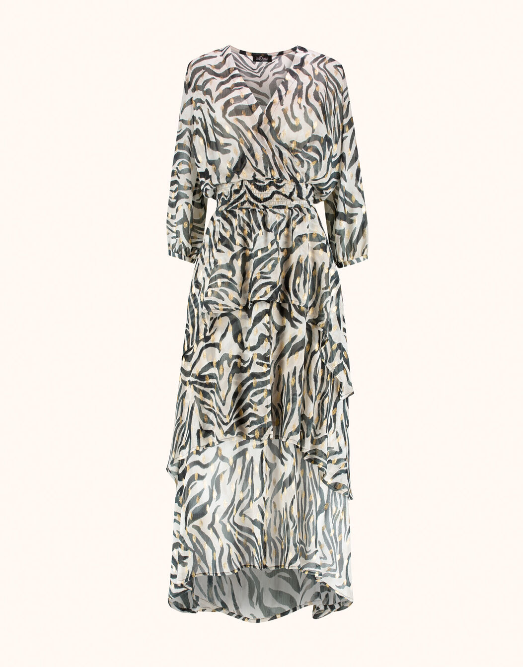 Packshot of the Mae Wild Stripes dress in chiffon with a tie belt and ruffled hem.