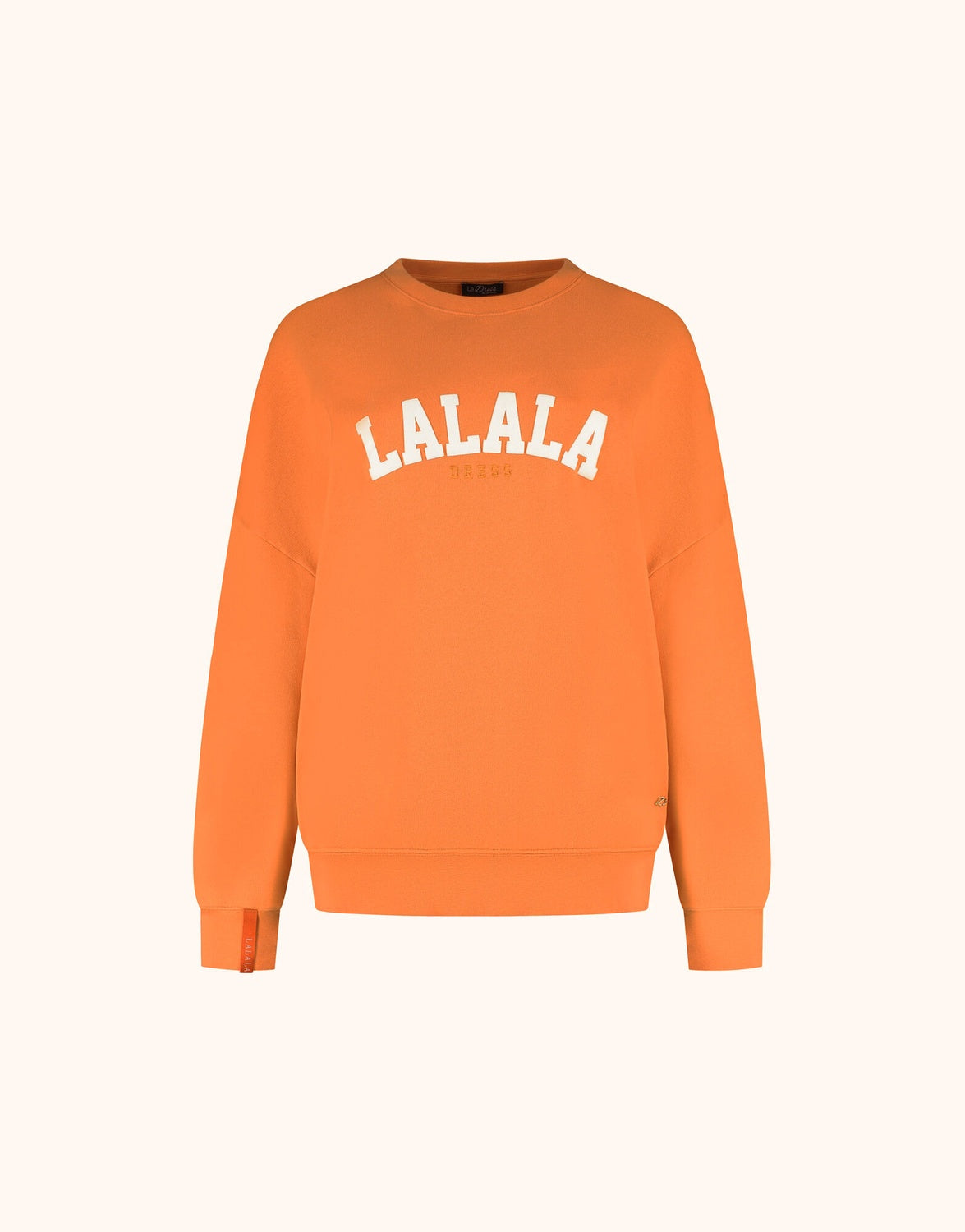Packshot of the Story Sweater Dutch Orange in organic cotton knit with a LALALA print.