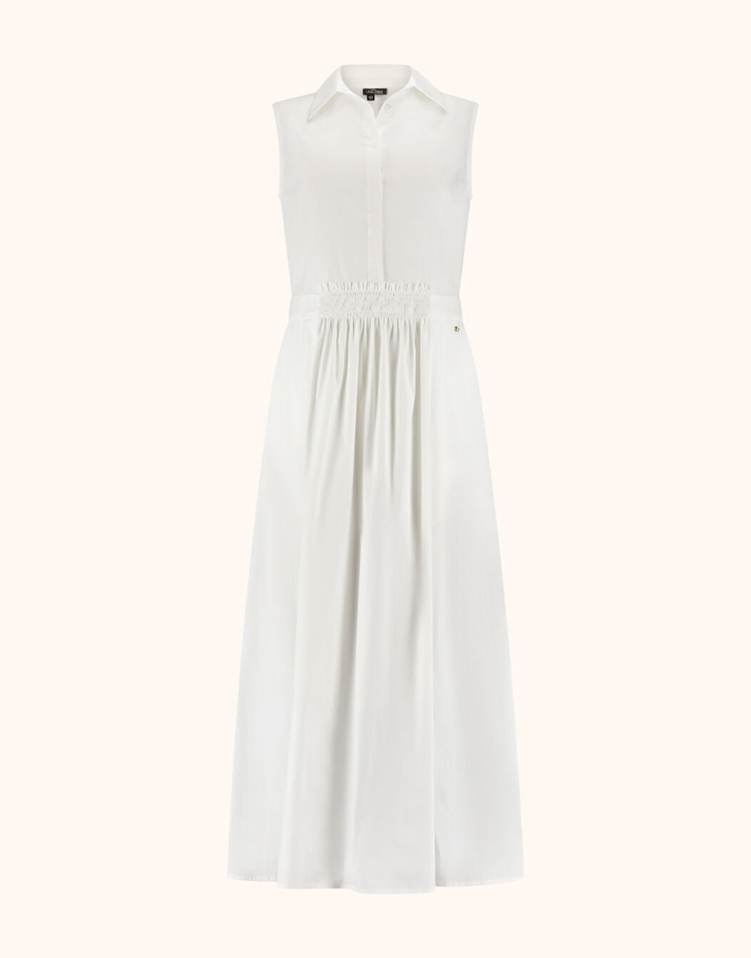 Packshot of the Clarice White dress in cotton stretch poplin, sleeveless with a smocked waist.