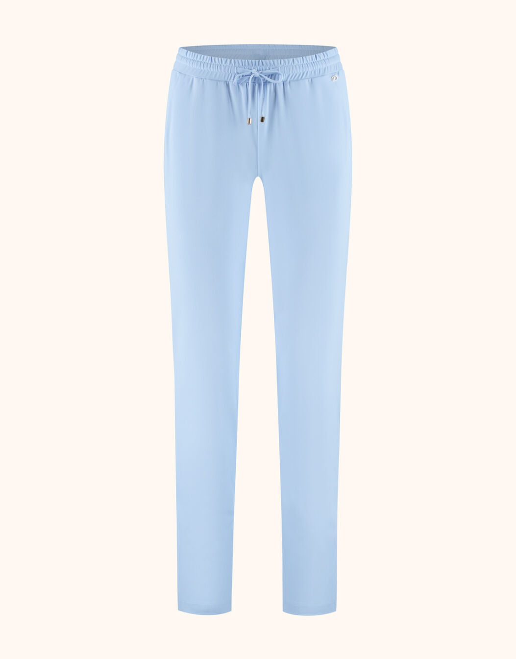 Packshot of the Valencia Sky Blue trousers in jersey lycra with a drawstring waist.