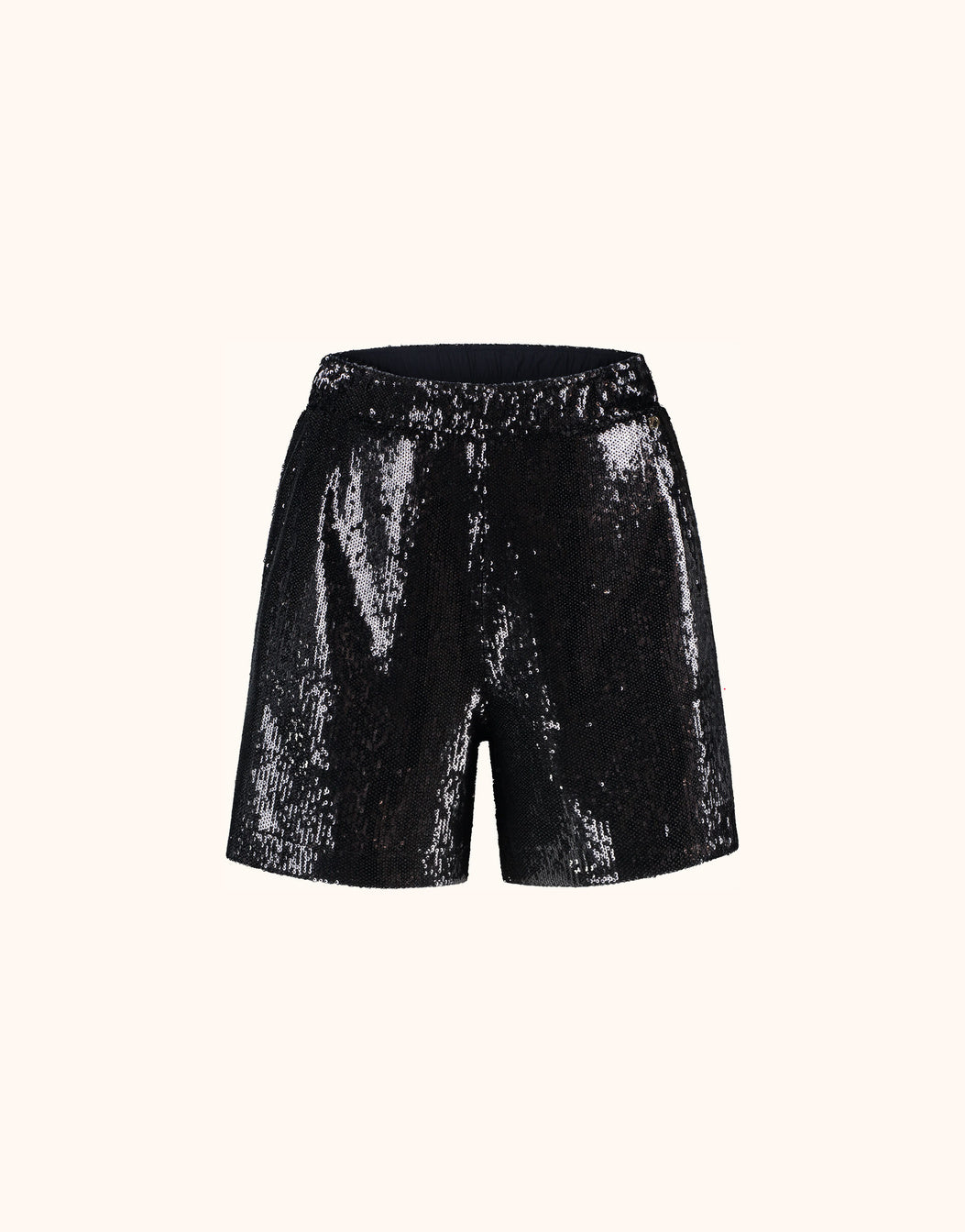 Packshot of the Roxy Black shorts in sequins with an elasticated waist.