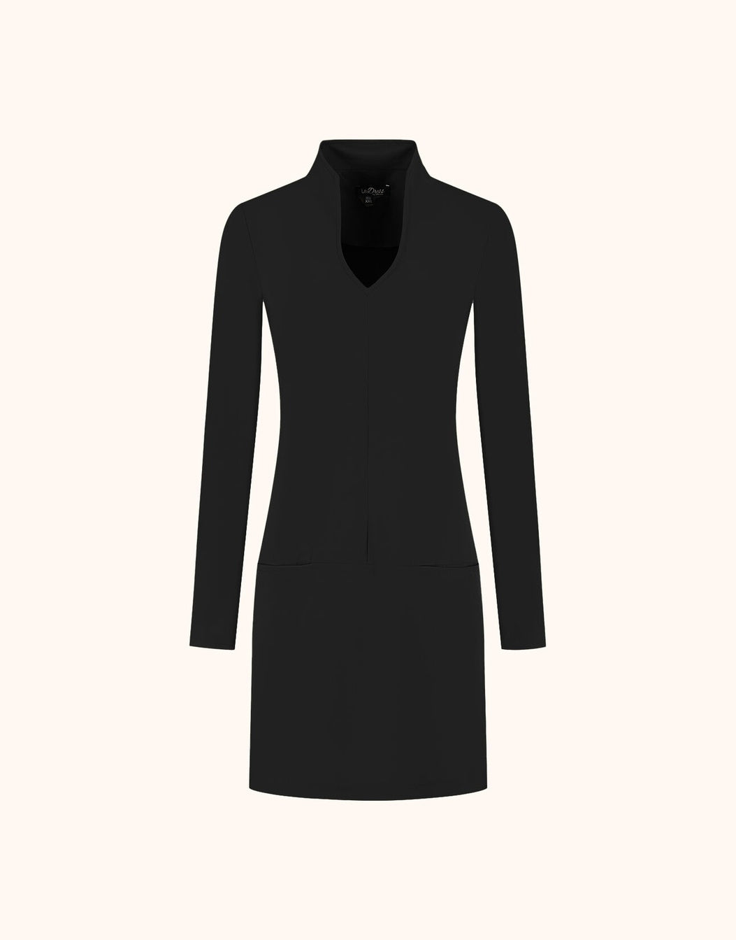 Packshot of the Stella Black tunic in jersey lycra with a stand collar and patch pockets.