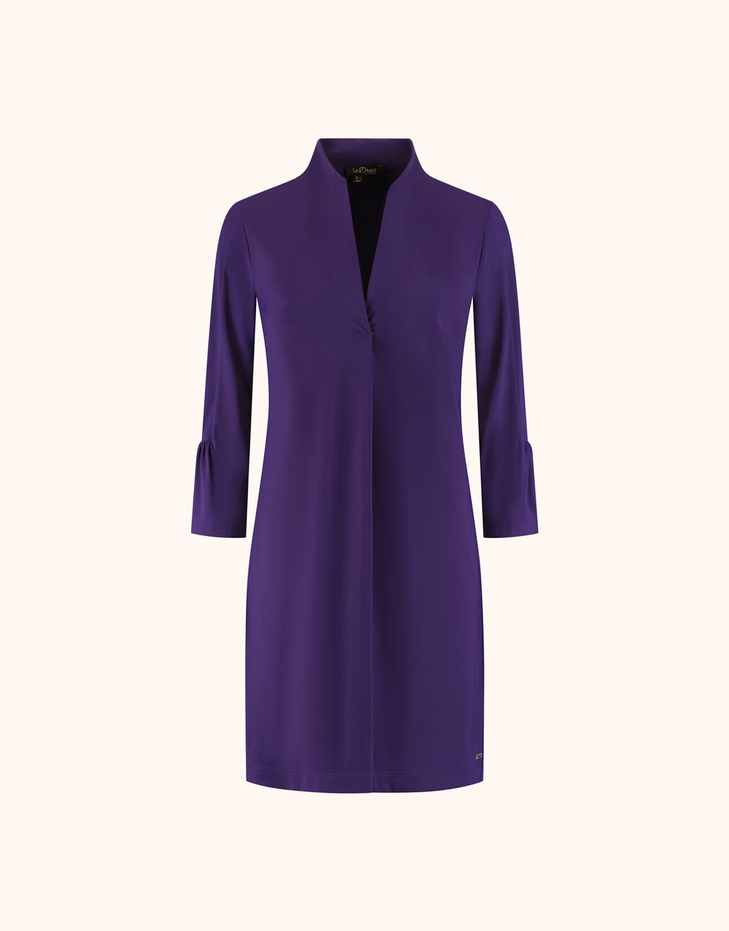 Packshot of the Calista Purple Night dress in jersey lycra with a stand collar and flared cuffs.