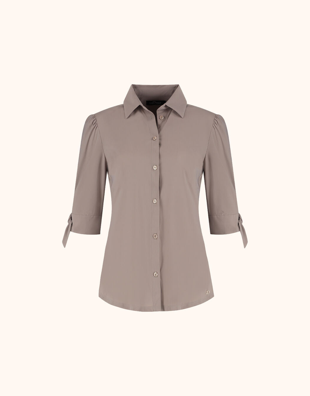 Packshot of the Sofia Soft Taupe blouse in jersey lycra with a collar and tie sleeves.
