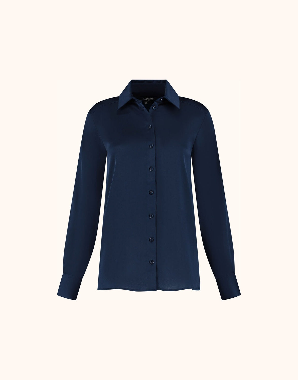 Packshot of the Estee Midnight Blue blouse in satin with a classic collar and button front.