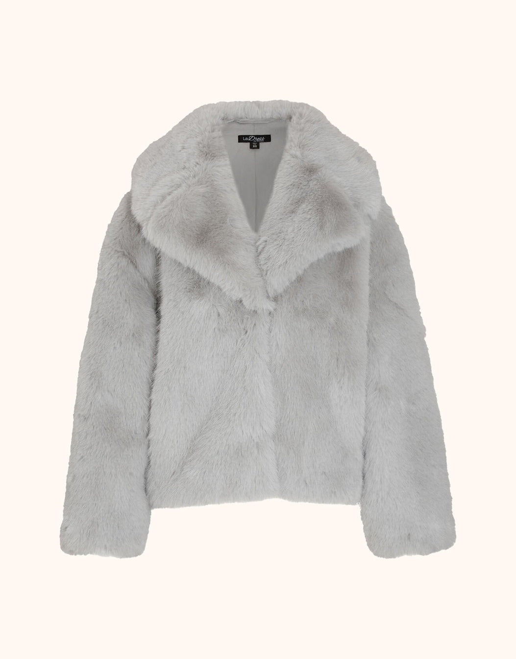 Packshot of the Lidia Silver coat in faux fur with a wide collar and short length.