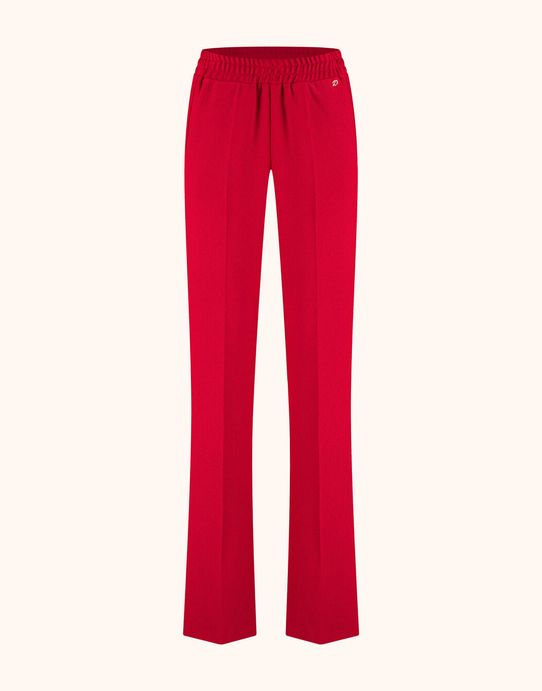 Packshot of the Athens Raspberry Red trousers in crepe satin with an elastic waist.